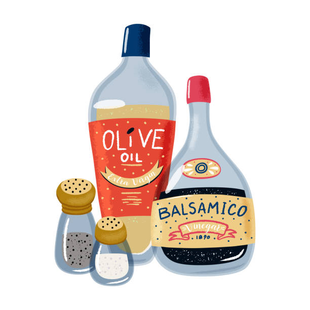 ilustraciones, imágenes clip art, dibujos animados e iconos de stock de set aceite de oliva, vinagre balsámico, sal y pimienta - vinegar salad dressing balsamic vinegar olive oil