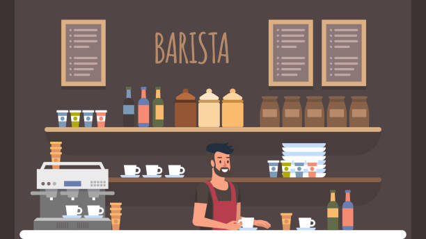 바리 스타 커피가 게 인테리어. 중소 기업 소유자 - barista take out food wait staff working stock illustrations