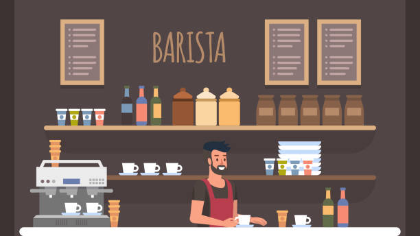 Barista Coffe Shop Interior. Small Business Owner Bearded Smiling Barista in Cashier at Bar Counter Making Preparation for Visitors. Coffe Shop Interior. Small Business Owner at Workplace. Board Menu with Cappuccino, Espresso, Latte. barista stock illustrations