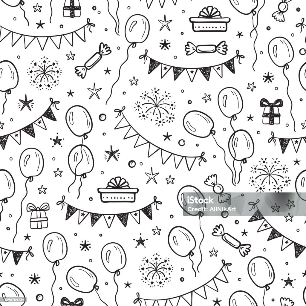 Vector Holiday Or Birthday Seamless Pattern Hand Drawn Doodle Balloons  Buntings Flags Gift Boxes And Stars Black And White Festive Background  Holiday Wallpaper Stock Illustration - Download Image Now - iStock