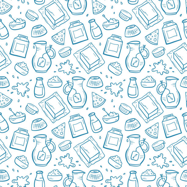vektor essen seamless pattern. handgezeichnete skizze doodle milchprodukte hintergrund - dairy farm liquid food and drink splashing stock-grafiken, -clipart, -cartoons und -symbole