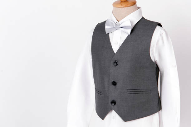 istock Beautiful men's grey suit with shirt and white bow tie 1096717384