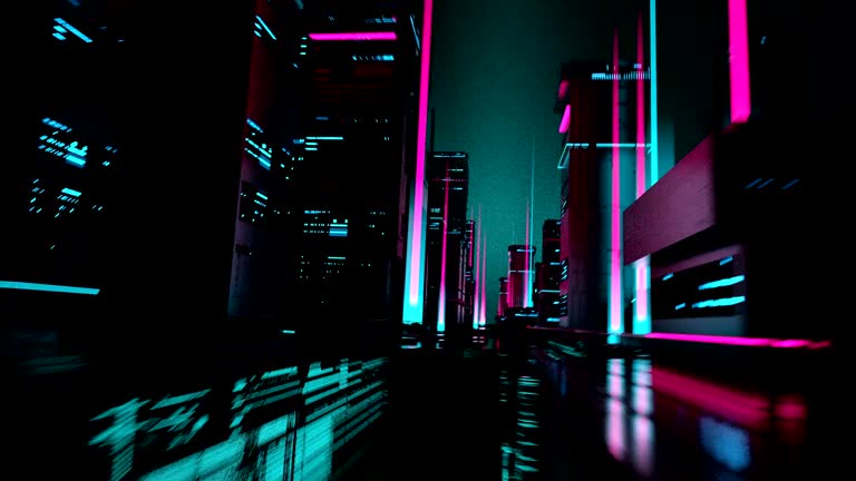 Beautiful Cyberpunk Cityscape, Glitchy Animation style