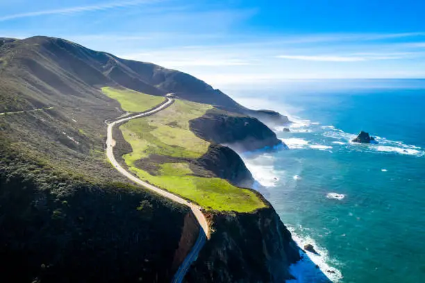Highway 1 California Coast Road Panamericana Drone Shot.Big Sur. Ocean on the right Mountains and Road on the left.