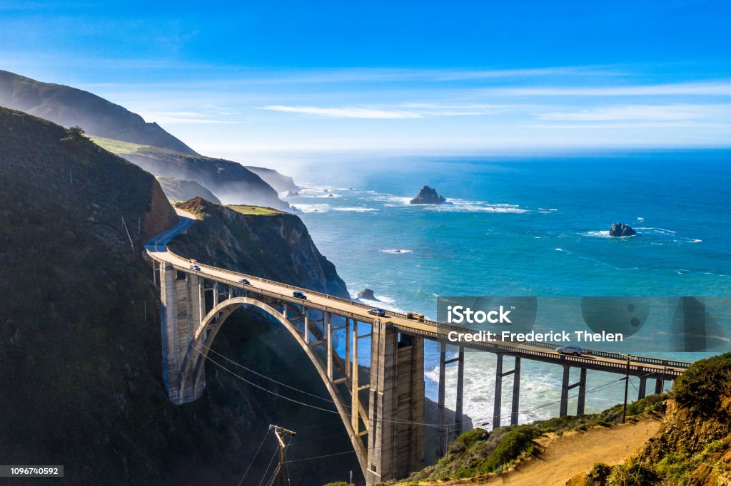 Big Sur Bridge California Ocean Road Costline CA-1 Drone Shot California Stock Photo