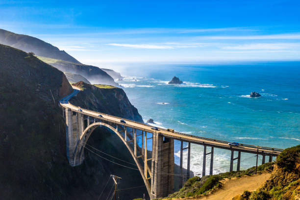 big sur bridge california ocean road costline ca-1 drone shot - natural landmark imagens e fotografias de stock