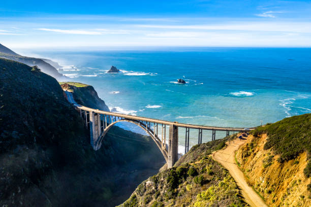 Big Sur Bridge Coastline California Highway 1 Aerial Drone Shot Ocean in the back Big Sur Bridge Coastline California Highway 1 Aerial Drone Shot Ocean in the back big sur stock pictures, royalty-free photos & images