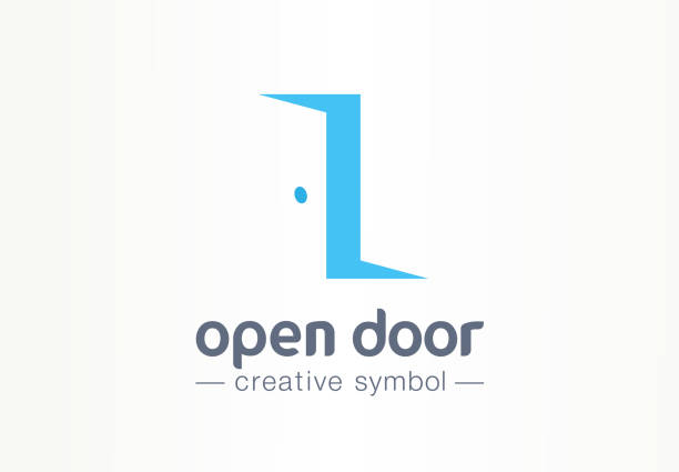 otwórz drzwi, w i obecnie koncepcji kreatywnych symboli. wprowadź, exit, agencja nieruchomości abstrakcyjny piktogram biznesowy. meble domowe, wnętrze pokoju, ikona drzwi. - enter key stock illustrations