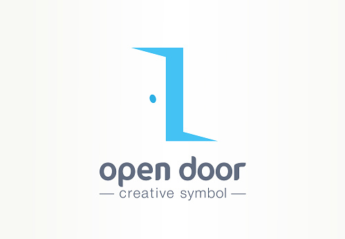 Open door, in and out creative symbol concept. Enter, exit, real estate agency abstract business pictogram. Home furniture, room interior, doorway icon. Corporate identity sign, company graphic design
