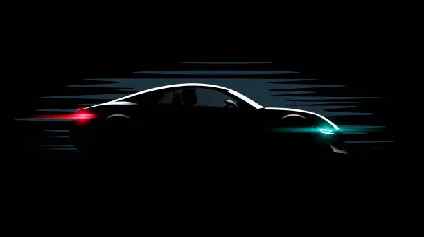Vector illustration of realistic sport super car coupe side view lighting in the dark, vector illustration
