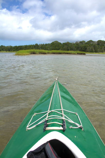 kayak en la bahía de estanques de sal en cape cod, massachusetts. - cape cod new england sea marsh fotografías e imágenes de stock