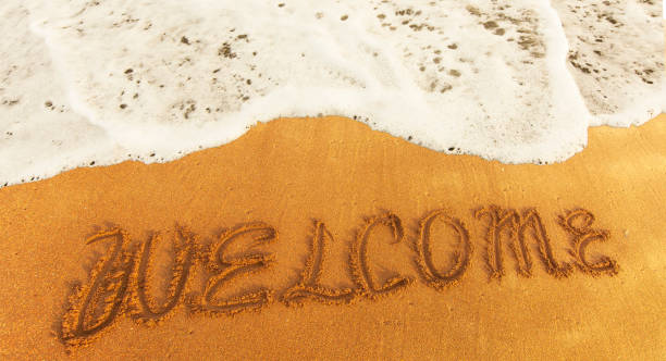 istock inscription WELCOME on the yellow  sand 1096751930