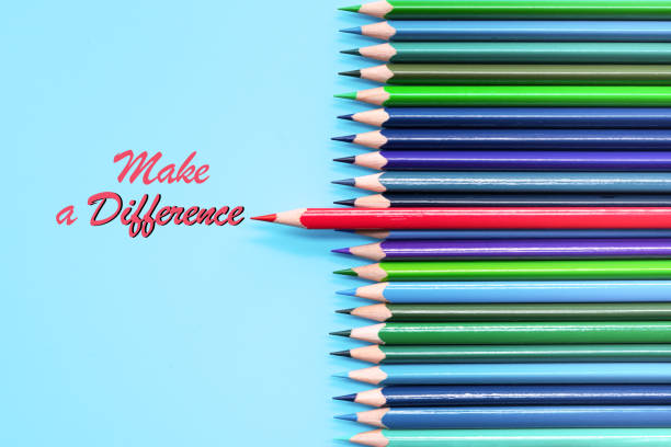 Red pencil standing out on blue background. Leadership, uniqueness, independence, initiative, strategy, dissent, think different, business concept