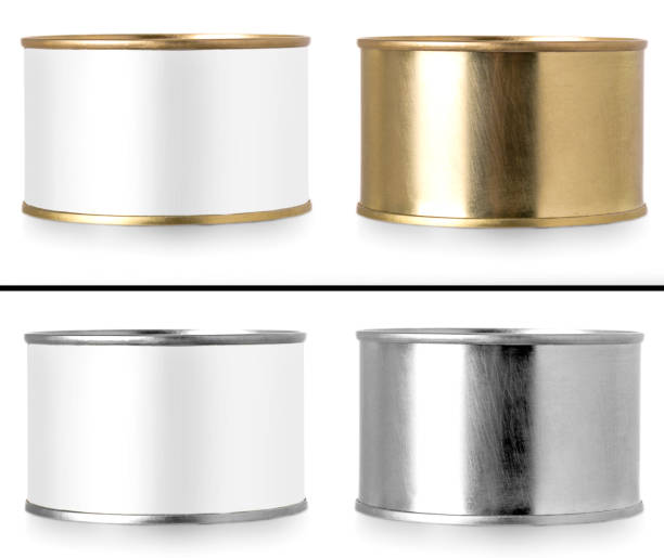The  metal tin canes with white label isolated on white background