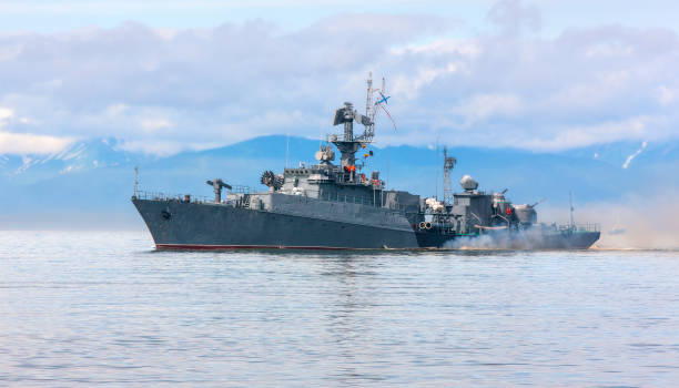 istock Russian warship going along the coast 1096756892
