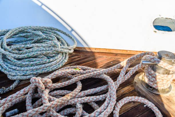 istock Thick ropes and different tackles on a yacht 1096758828
