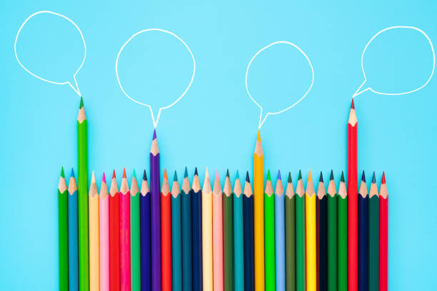 istock Community communication, represents people conference, social media interaction & engagement. group of pencils sharing idea on blue background with copy space 1096759200