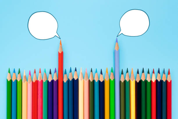 istock Debate, dialog, communication and education concept. color pencil talking about political opinions with speech bubbles 1096760998