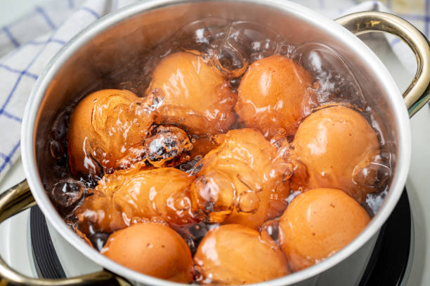 huevos de pollo cocinar en estufa eléctrica - hervir fotografías e imágenes de stock