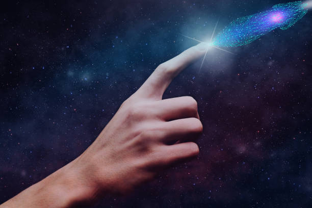 istock Human hand holding spaceship low poly. Nebula dust. Mixed media. 1096779068