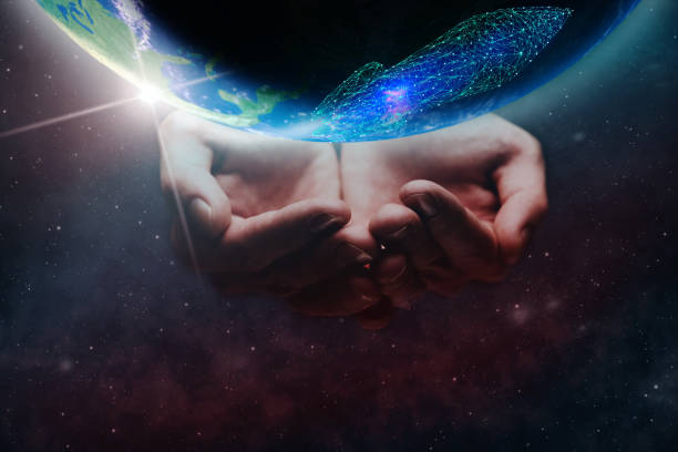 istock Whole world in woman hands palm and spaceship low poly. Mixed media . 1096781096