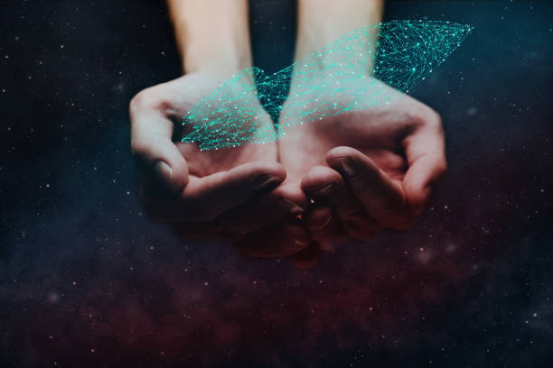 istock Human hand holding spaceship low poly. Nebula dust. Mixed media. 1096781394
