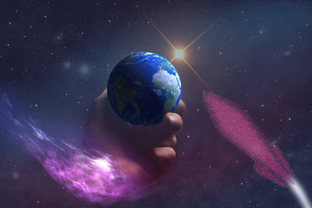 istock Whole world in woman hands palm and spaceship low poly. Mixed media . 1096781448