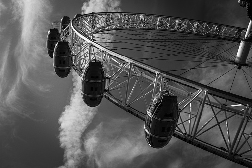 Bottom to top view of the London Eye in London, United Kingdom on September 2nd 2011.
