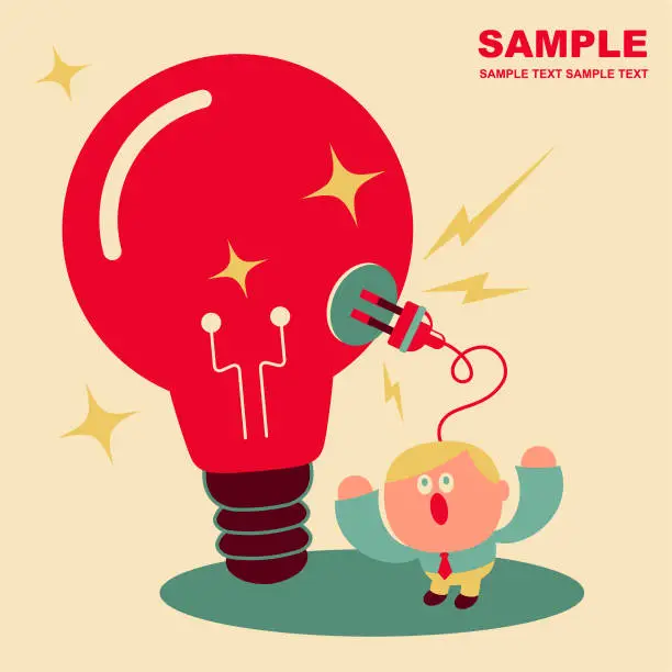 Vector illustration of Cute office worker with electrical plug and socket plugging in the idea light bulb
