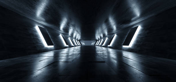 istock Dark Sci Fi Alien Futuristic Modern Tiled Floor Grunge Reflective Concrete Empty Space Dark Tunnel Corridor Background With Wall Lights Glowing 3D Rendering 1096797124