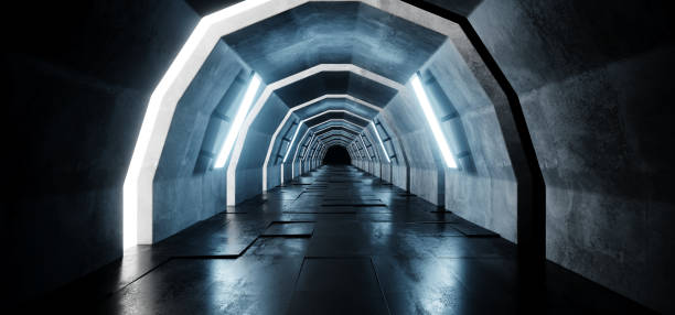 istock Sci Fi Oval Arc Shaped Alien Empty Long Grunge Concrete Tiled Reflective Floor Corridor Tunnel Hall With Blue Lights Futuristic Dark 3D Rendering 1096797140