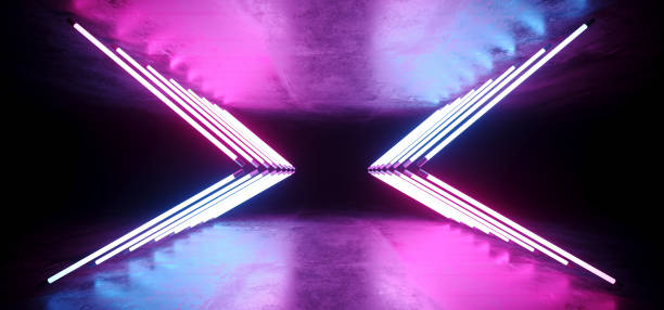 istock Neon Glowing Sci Fi Futuristic Wing Shaped Triangle Neon Glowing White Pink Purple Blue Light Tubes In Dark Concrete Refelctive Concrete Room Dance Lights 3D Rendering 1096797194