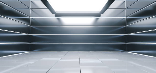 istock Sci Fi Alien Hall Room Reflective Materials Tiled Floor Striped Led Laser Blue Glowing Lights Empty Space Stage Showroom Bright Vibrant 3D Rendering 1096797380