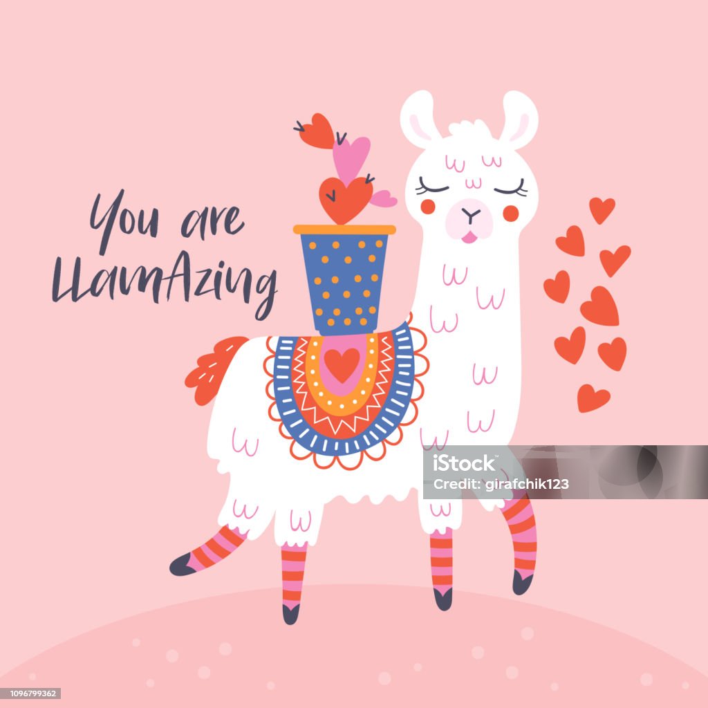 Valentine's day cute  llama greeting card. Valentine's day cute  llama greeting card.  Childish print for cards, stickers, apparel and nursery decoration Llama - Animal stock vector