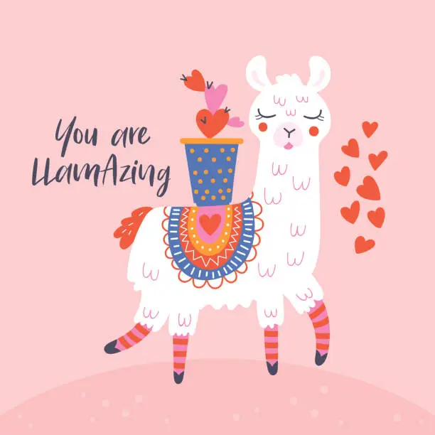 Vector illustration of Valentine's day cute  llama greeting card.