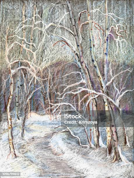 Winter Landscape With Footpath I Stock Illustration - Download Image Now - Painting - Art Product, Pastel Drawing, Birch Tree