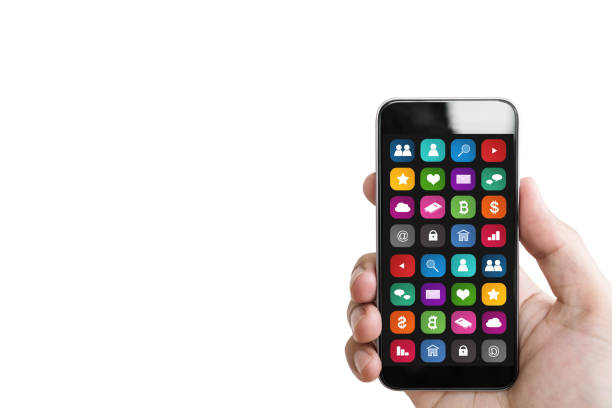 istock Hand holding mobile smart phone, with mobile app on screen, isolated on white background 1096810128