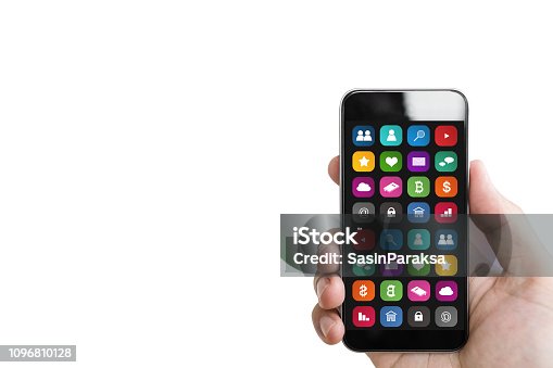 istock Hand holding mobile smart phone, with mobile app on screen, isolated on white background 1096810128