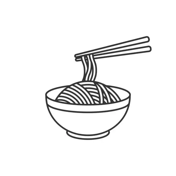 Vector illustration of Korean, Japanese, Chinese food. Bowl with noodles. Vector illustration