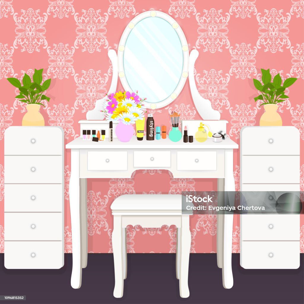 Dressing table with mirror with lights, female boudoir for makeup, flat drawing, vector illustration. White table and mirror with light bulbs and cosmetics in room Dressing table with mirror with lights, female boudoir for makeup, flat drawing, vector illustration. White table and mirror with light bulbs and cosmetics in room with pink wallpaper with ornament Vanity stock vector