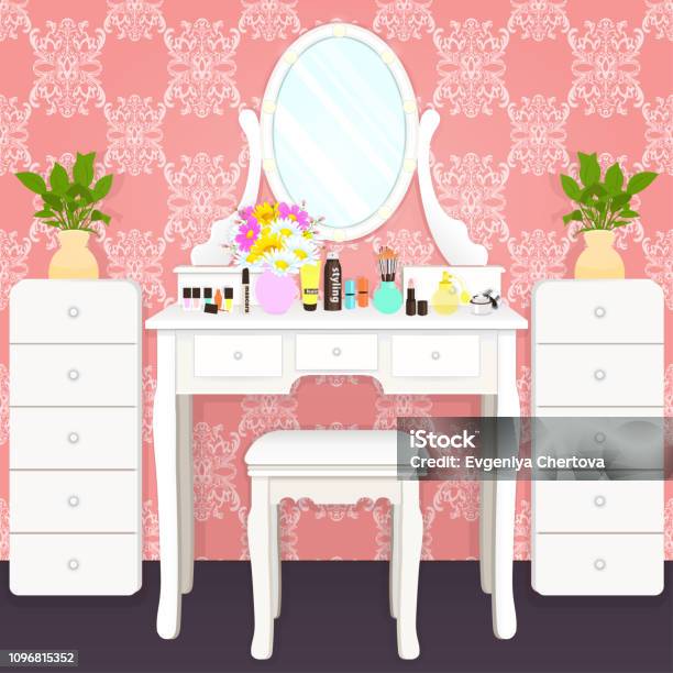 Dressing Table With Mirror With Lights Female Boudoir For Makeup Flat Drawing Vector Illustration White Table And Mirror With Light Bulbs And Cosmetics In Room Stock Illustration - Download Image Now