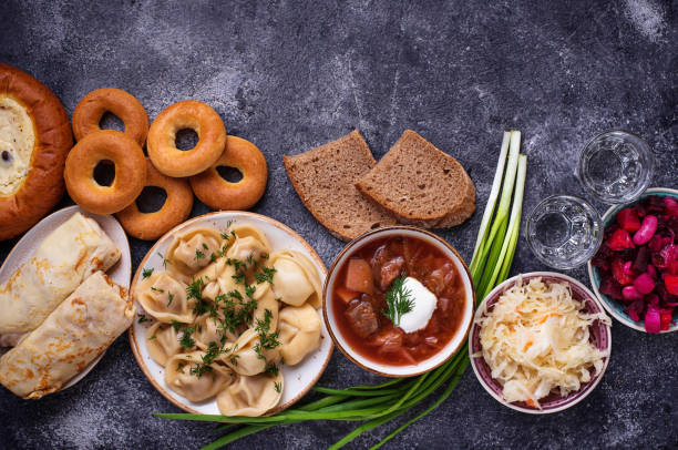 Traditional Russian dishes, sweets and vodka
