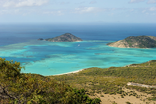 Spectacular view from Captain Cooks lookout from the top of Lizard Island over the Great Barrier Reef, Queensland, Australia.