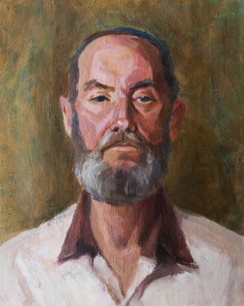 istock Fashionable illustration modern art work my original oil painting on canvas impressionism vertical portrait of an elderly man with a beard in a white shirt with a black collar 1096853884