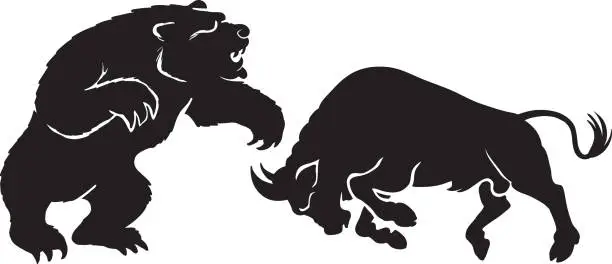 Vector illustration of A bear fighting a bull in silhouette - Vector