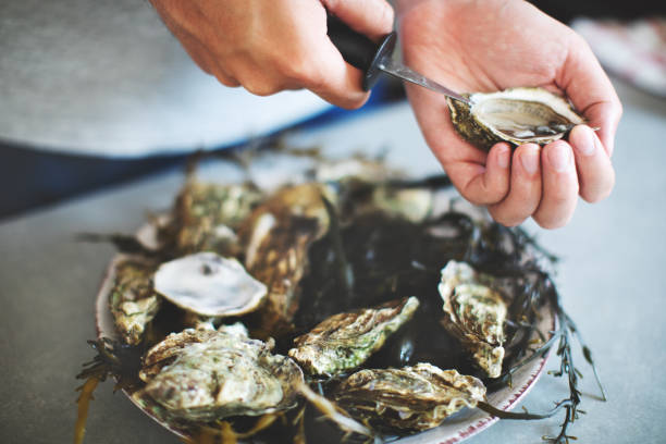 oyster - prepared shellfish prepared crustacean food and drink food stock-fotos und bilder