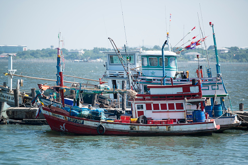 fishing boat at the Town of Ang Sila near Beangsaen in the Provinz Chonburi in Thailand.  Thailand, Bangsaen, November, 2018
