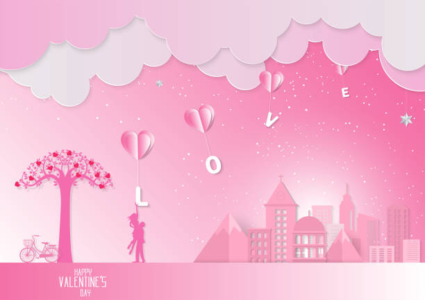 Valentine day ,Concept sweetheart beside the bicycle and tree on pink background. Paper art style vector illustration. Valentine day ,Concept sweetheart beside the bicycle and tree on pink background. Paper art style vector illustration man reaching for hug stock illustrations