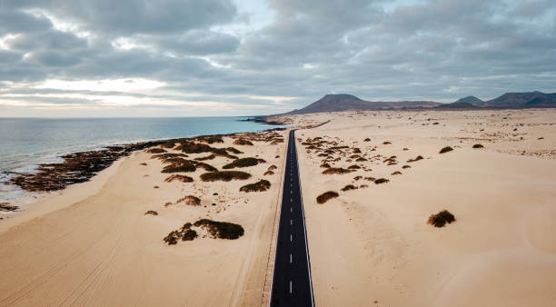 Aerial view of an empty road through the desert