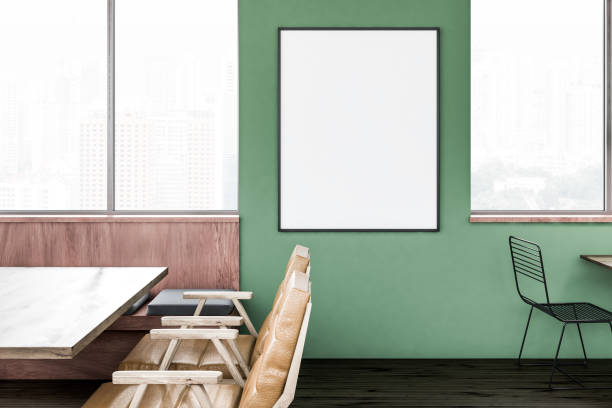 istock Green and wood cafe interior with poster 1096878550